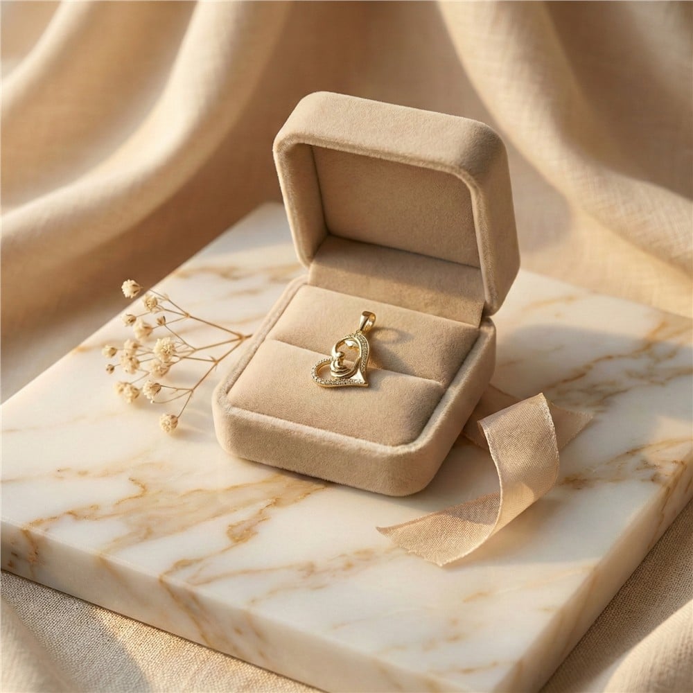 Zirkon Taşlı Kalp İçinde Anne Çocuk Kolye Ucu - 14K Altın Kaplama - 3 cm - 17 mm