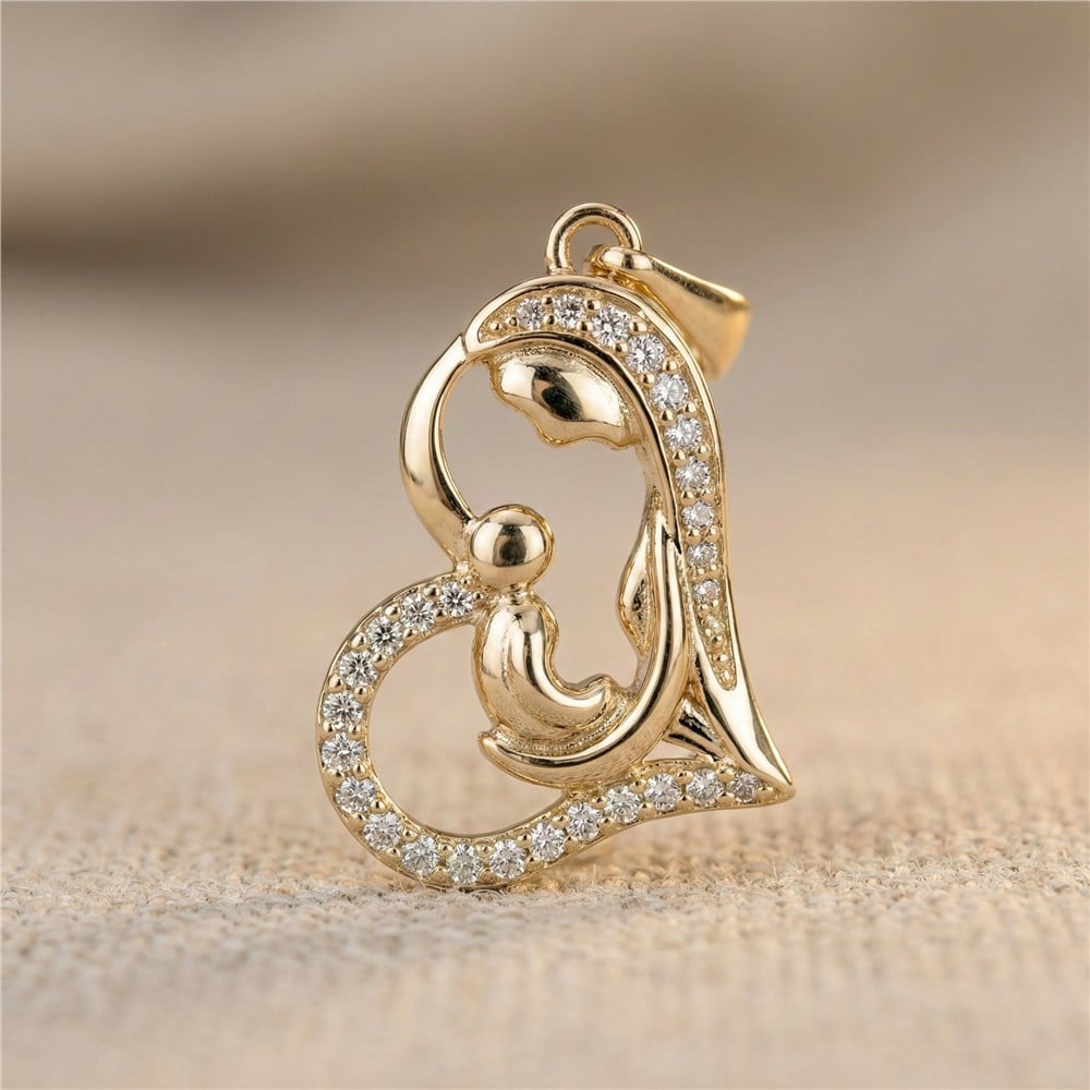 Zirkon Taşlı Kalp İçinde Anne Çocuk Kolye Ucu - 14K Altın Kaplama - 3 cm - 17 mm