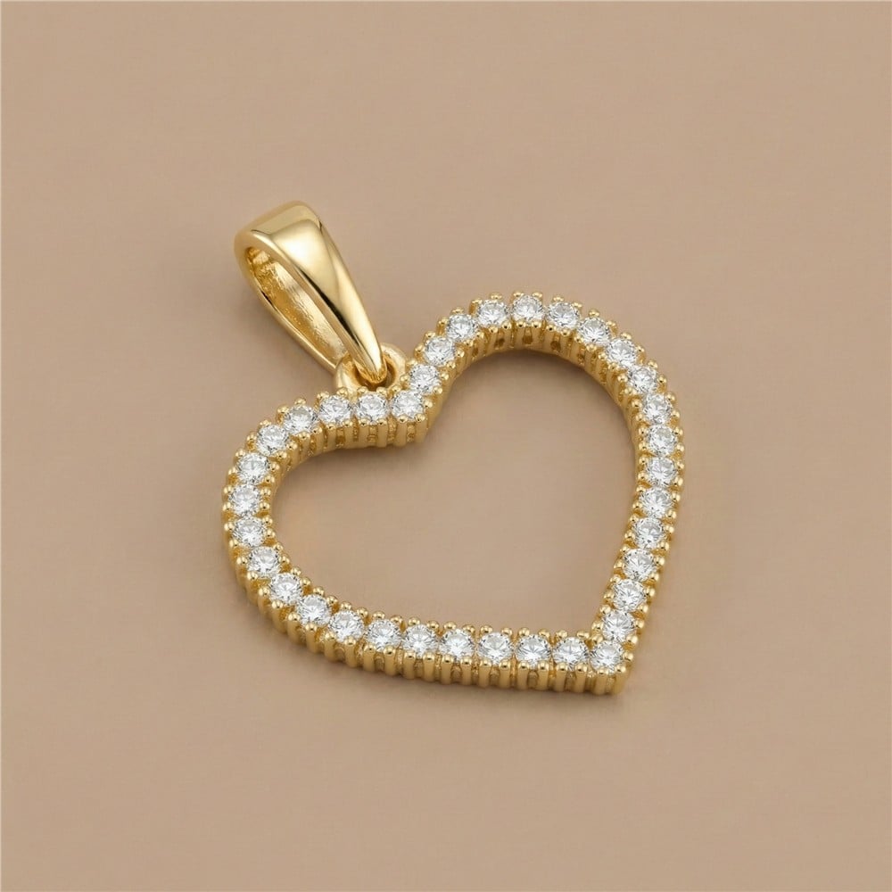 Zirkon Taşlı Kalp Kolye Ucu - 14K Altın Kaplama - 23 mm - 18 mm