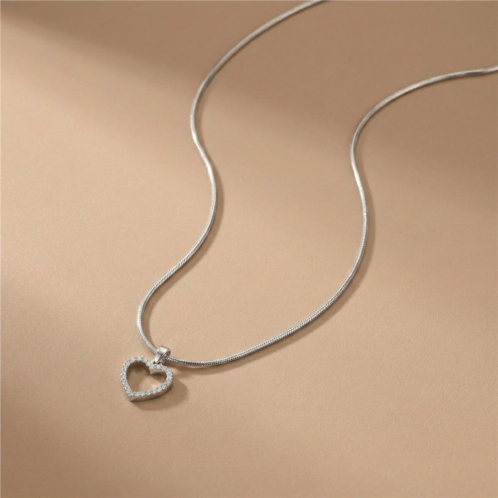 Zirkon Taşlı Kalp Uçlu Ezme Zincir 316L Çelik Kolye - Beyaz Altın Kaplama - 40+5 cm