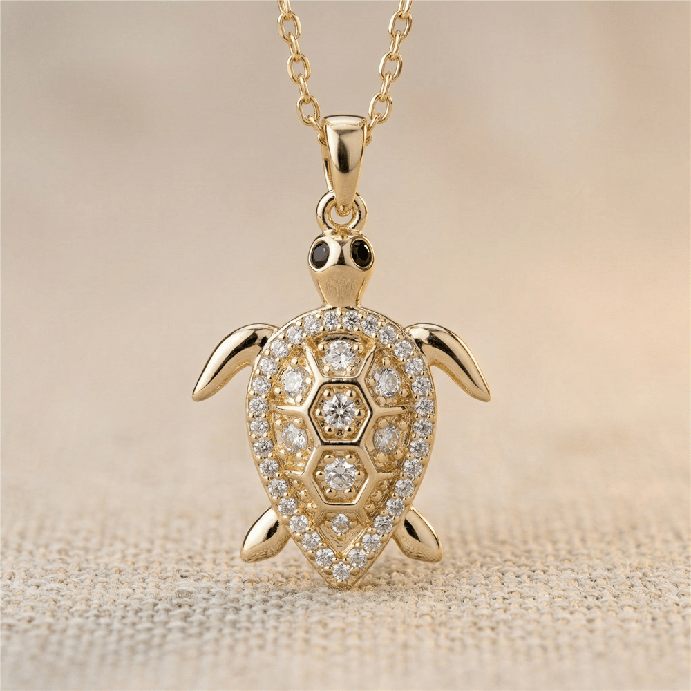 Zirkon Taşlı Kaplumbağa Kolye Ucu - 14k Altın Kaplama - 18x27 mm (45 cm Çelik Zincir Hediyeli)