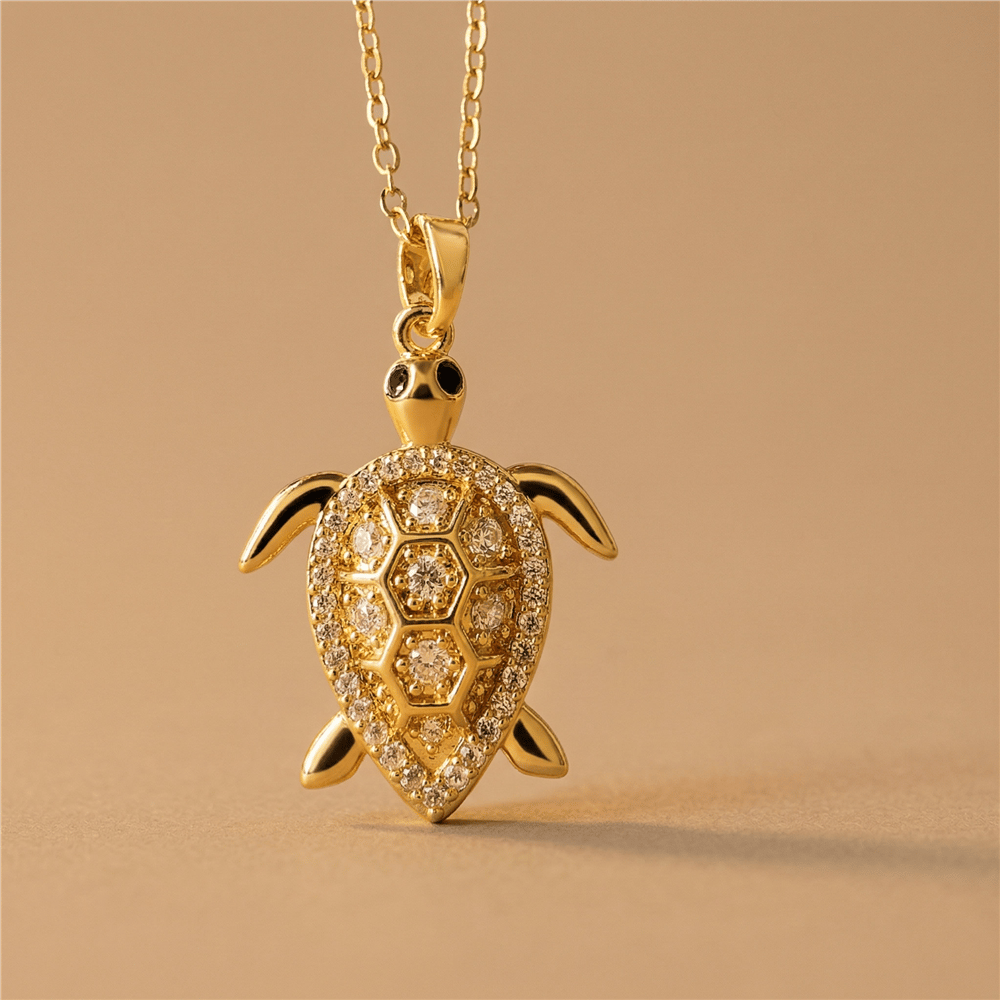 Zirkon Taşlı Kaplumbağa Kolye Ucu - 14k Altın Kaplama - 18x27 mm (45 cm Çelik Zincir Hediyeli)