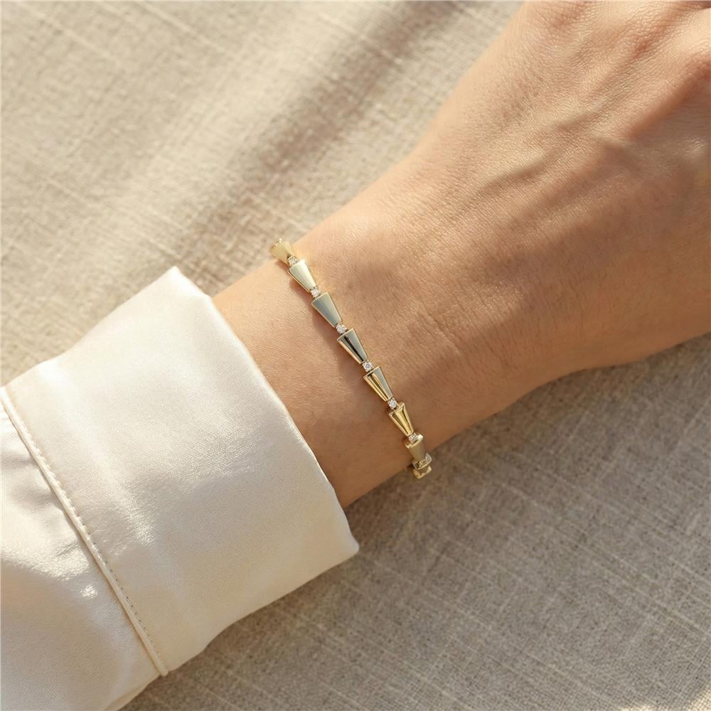 Zirkon Taşlı Konik Çelik Bileklik - 14K Altın Kaplama - 16+2 cm