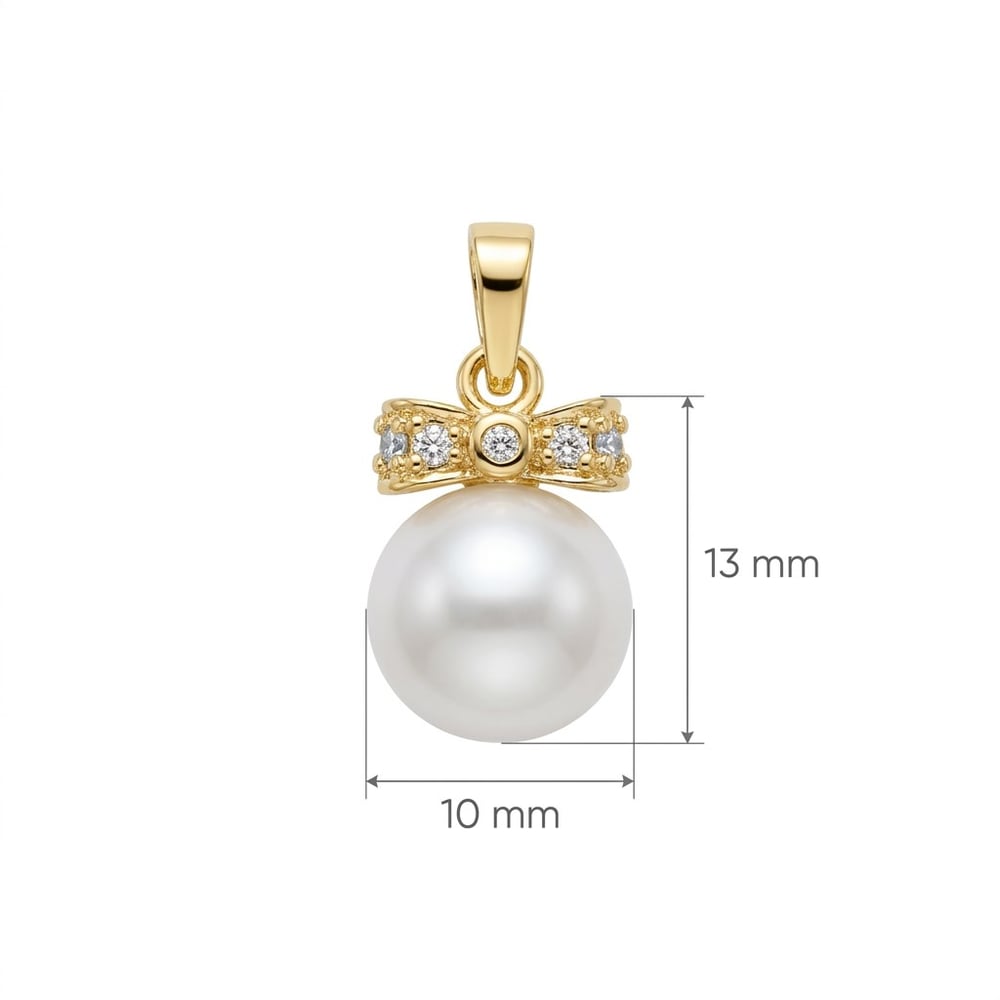 Zirkon Taşlı Kurdele Detaylı İnci Kolye Ucu  - 14k Altın Kaplama - 10 x 20 mm