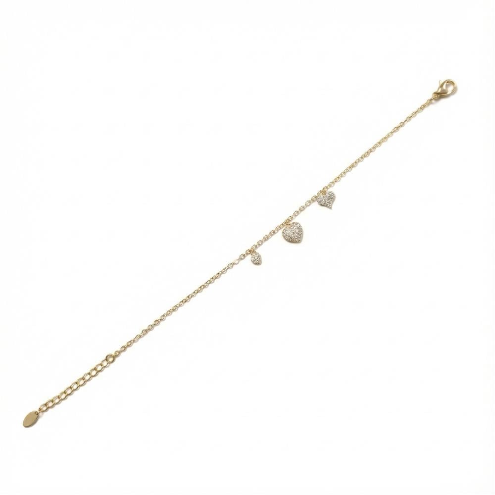 Zirkon Taşlı Üç Kalpli Charm Bileklik - 14K Altın Kaplama - 17+3 cm