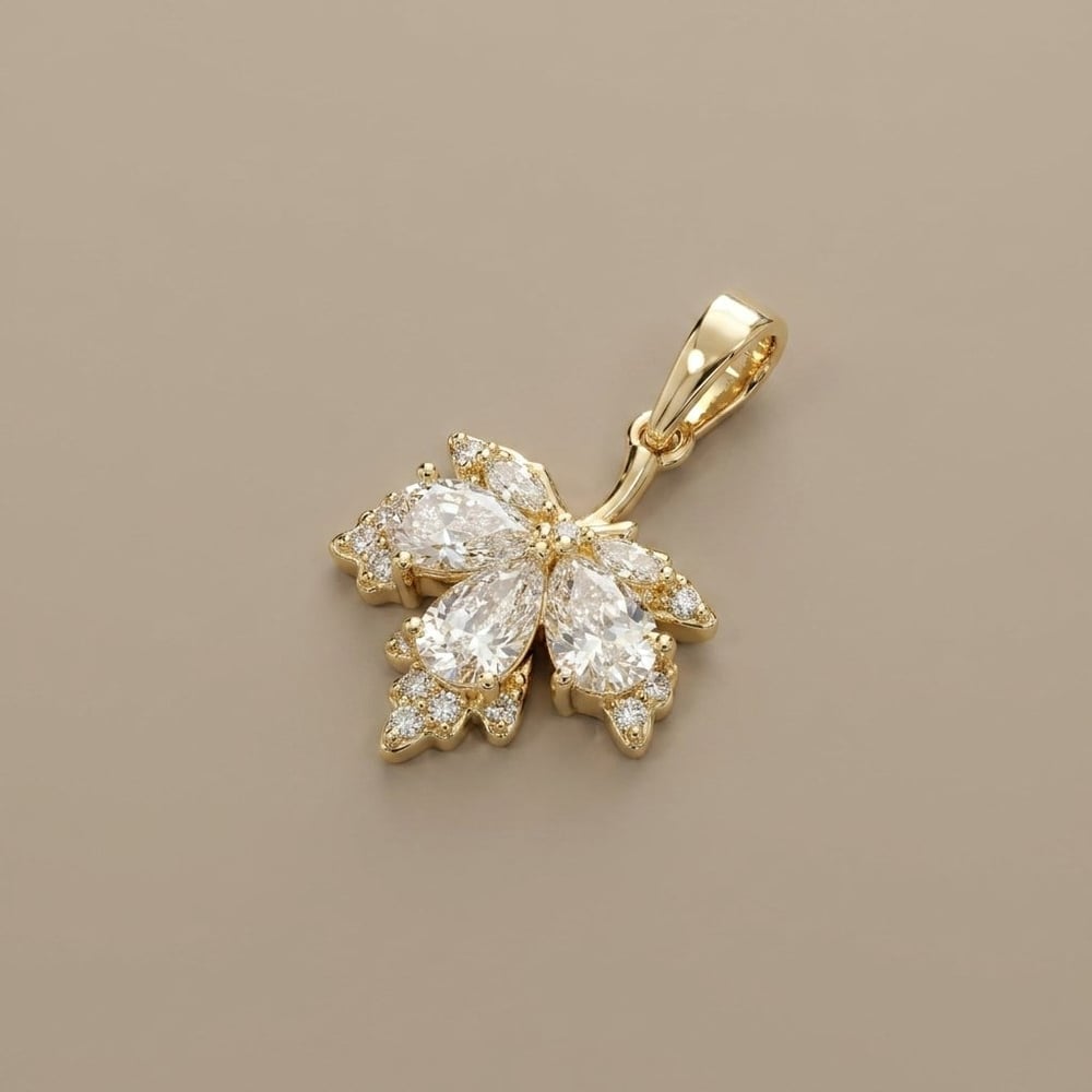 Zirkon Taşlı Yaprak Kolye Ucu  - 14k Altın Kaplama - 15 x 24 mm
