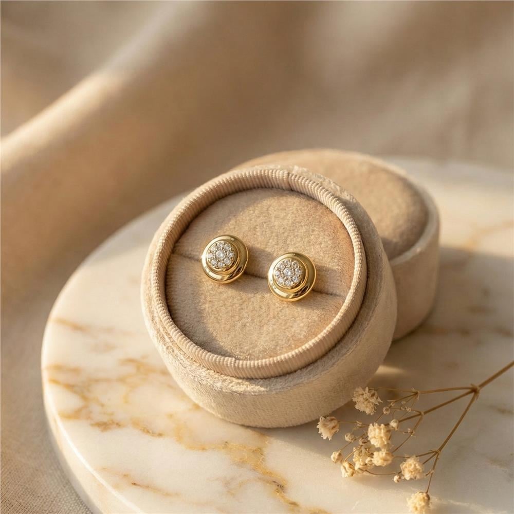 Zirkon Taşlı Yuvarlak Küpe - 14K Altın Kaplama - 1 cm