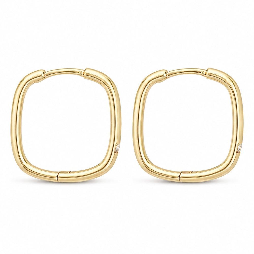 Zirkon Tektaş Detaylı Kare Halka Küpe - 14K Altın Kaplama - 2 cm
