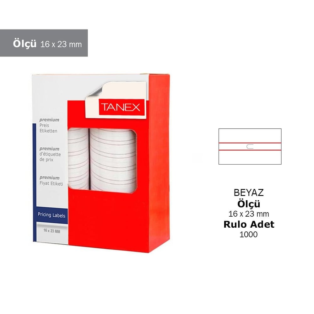 16x23 mm TANEX ÇİZGİLİ BEYAZ FİYAT ETİKET 1000 AD KUTU (24 RULO)
