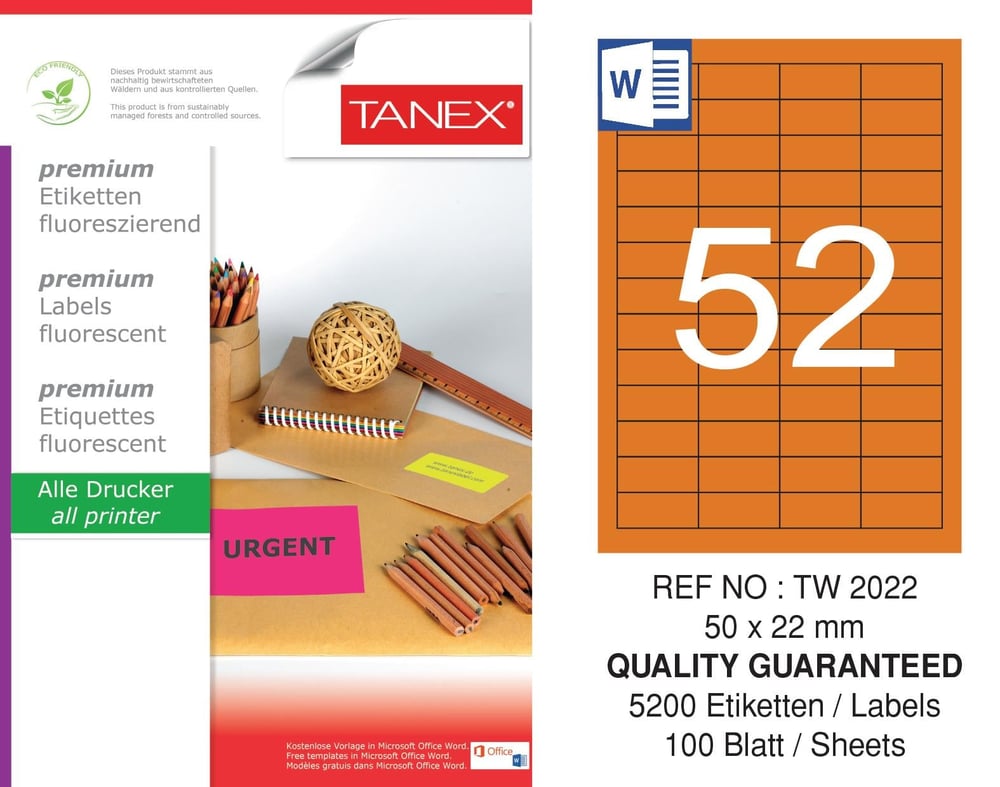 TW-2022 50x22 mm FLO TURUNCU LASER ETİKET 