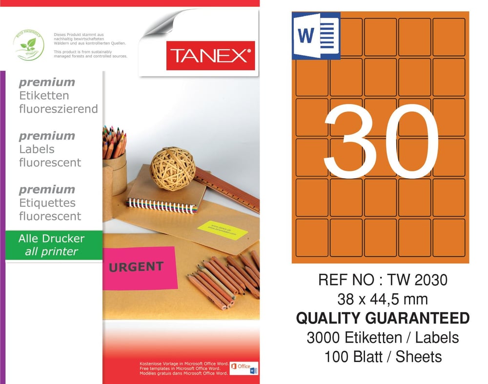 TW-2030 38x44,5 mm FLO TURUNCU LASER ETİKET 