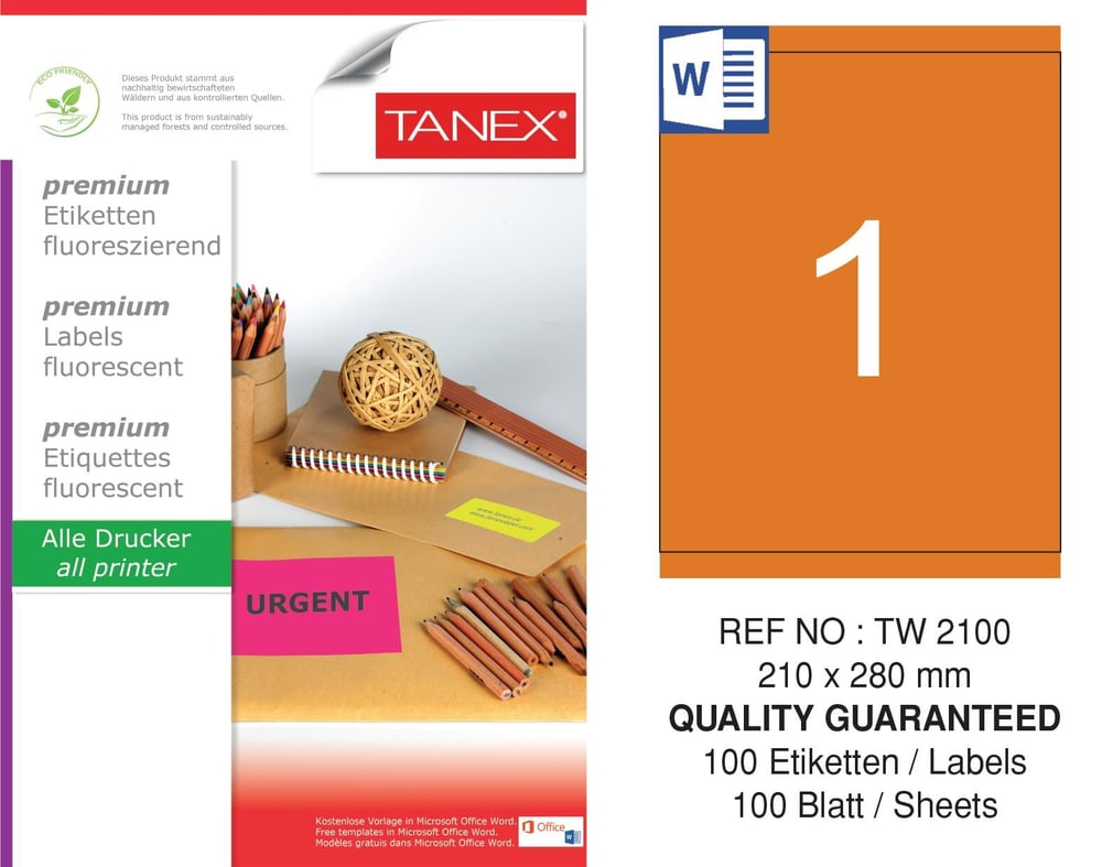 TW-2100 210x280 mm FLO TURUNCU LASER ETİKET 