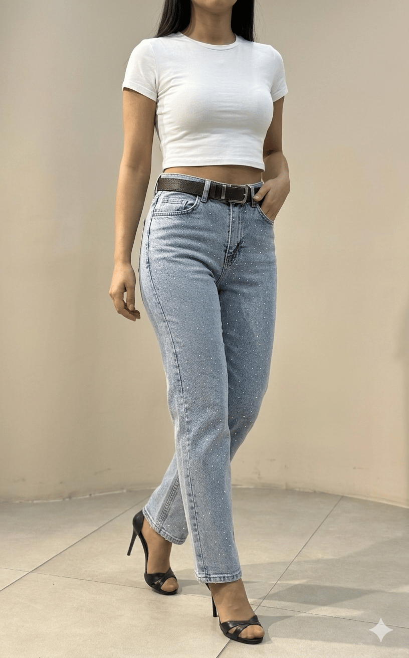 OLIVE-24461 MOM SERPME TAŞ JEAN MAVİ