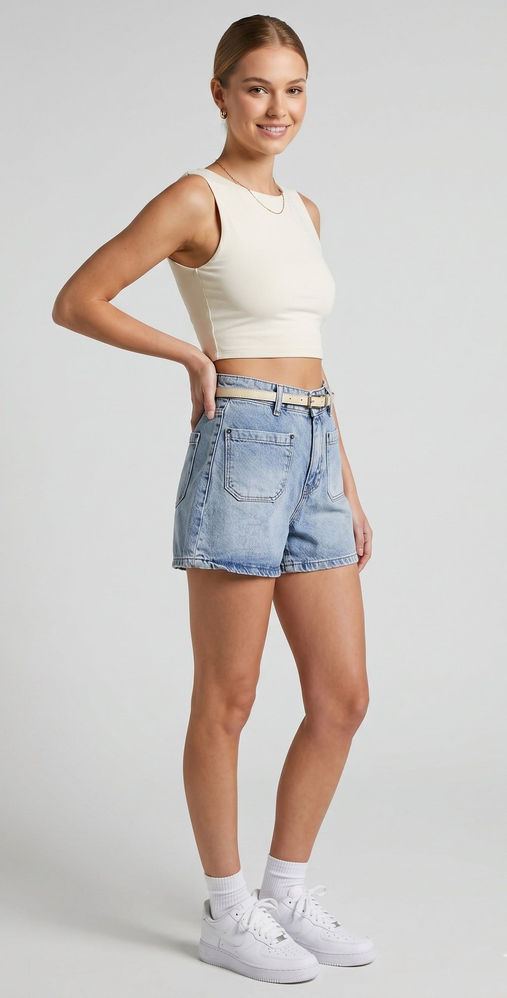 OLIVE-2613 KEMERLİ KOT ŞORT MAVİ