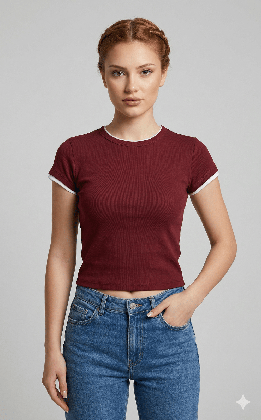 OLIVE-31750 KONTRAST TSHIRT AÇIK BORDO