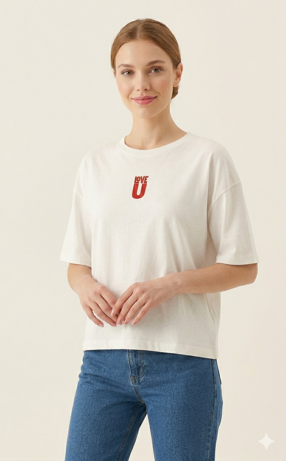OLIVE-6860 LOVE U TSHIRT BEYAZ