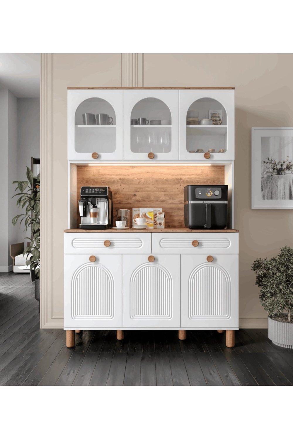  MaceraMobilya Çok Amaçlı Dolap 3 Kapaklı Kahve Köşesi – 140 cm MDF, LED Aydınlatmalı, Çok Amaçlı Mutfak ve Airfryer Dolabı