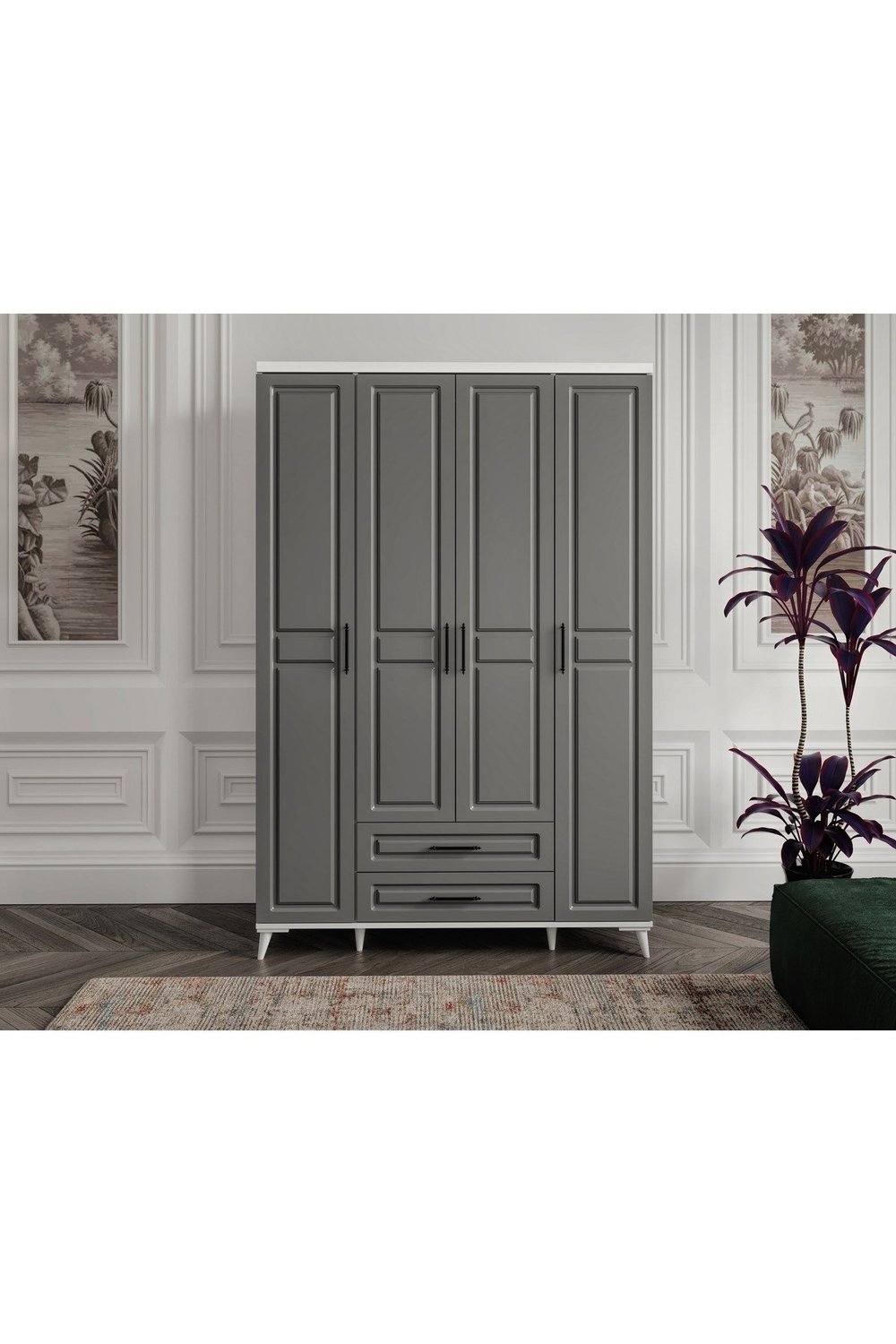  MaceraMobilya Dolap ve Gardırop %100 MDF 4 Kapaklı Antrasit Beyaz Gardırop - MDF Dolap - Elbise Dolabı - Yatak Odası Dolabı - Elbise Dolabı