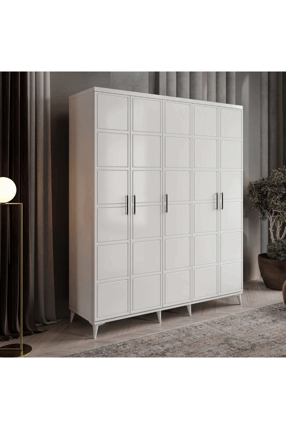  MaceraMobilya Dolap ve Gardırop 5 Kapaklı Beyaz Kare Desenli MDF Gardırop Yatak Odası Dolabı - Elbise Dolabı