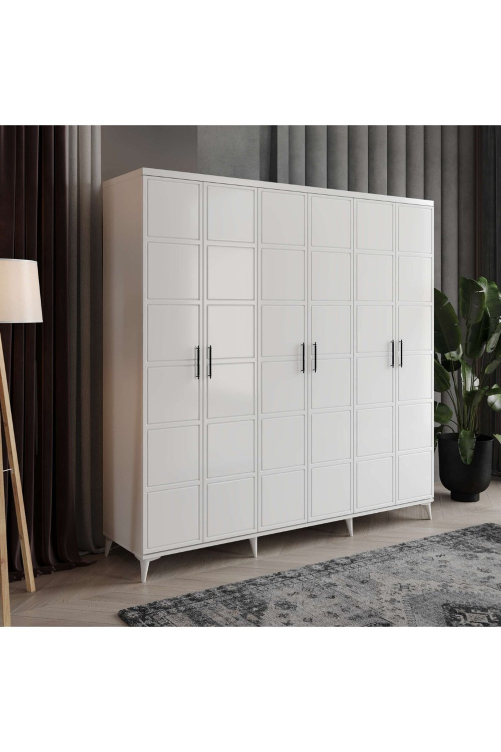  MaceraMobilya Dolap ve Gardırop 6 Kapaklı Beyaz Kare Desenli MDF Gardırop Yatak Odası Dolabı - Elbise Dolabı
