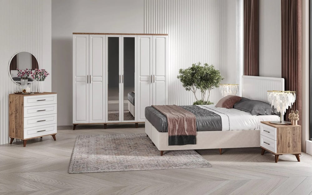  MaceraMobilya Yatak Odası Takımı Sport 6 Kapılı Komple MDF Atlantik Çam-Beyaz Yatak Odası Takımı