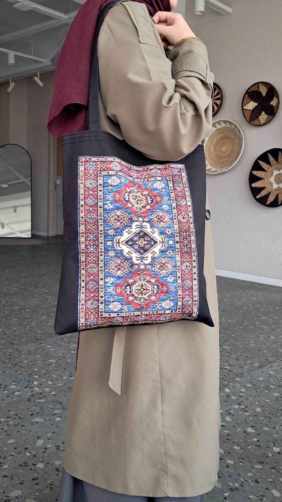 Mavi Kilim Desen Baskılı Bez Çanta