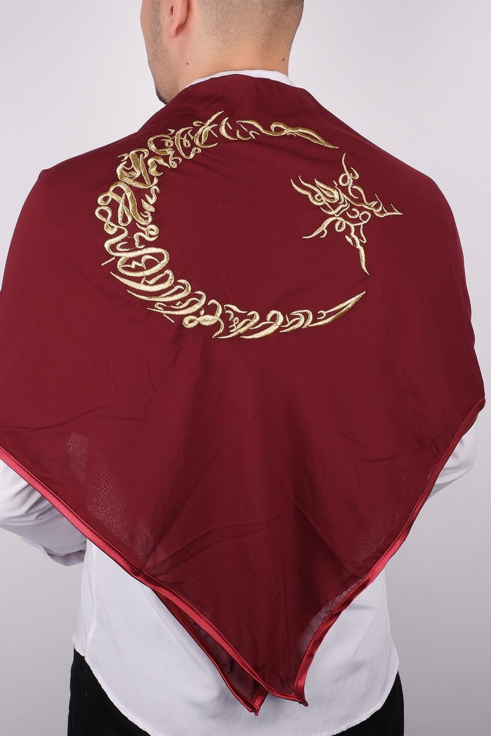 Bordo Ay Yıldız Gold Nakışlı Biyeli Damat Örtüsü