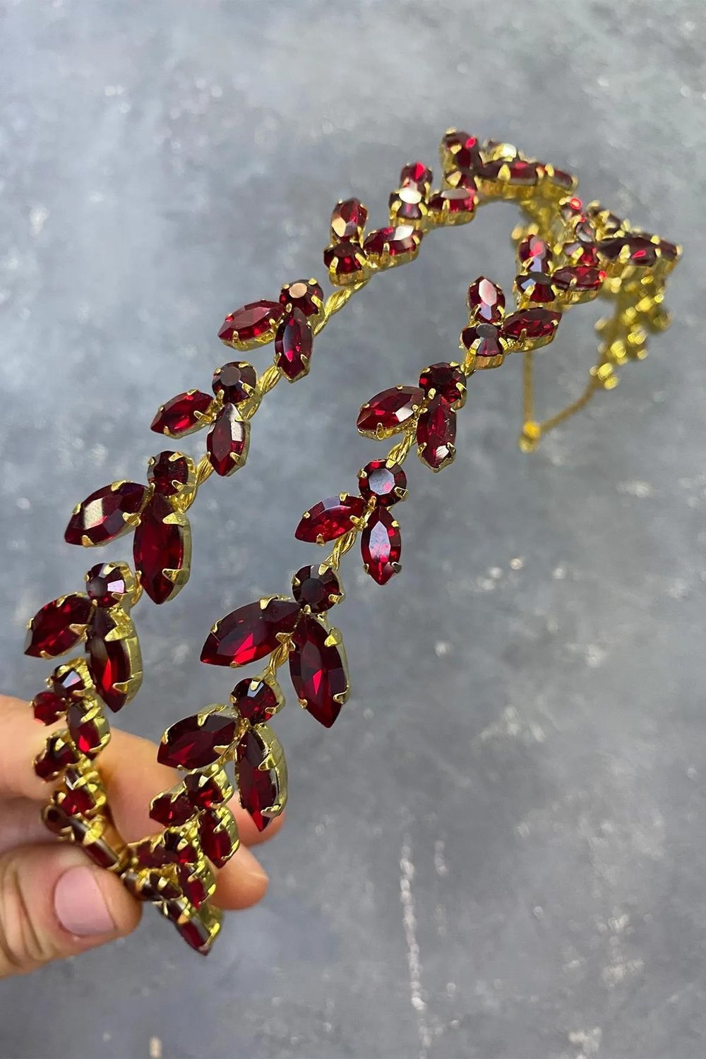 Bordo Gold Zemin Alfa Mekik Cam Kristal Taşlı Gelin Kına Tacı