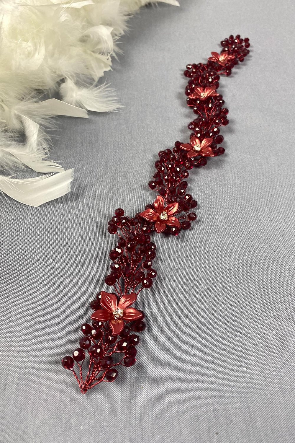 Bordo Taşlı Çiçekli Kristal Boncuklu Gelin Saç Ve Türban Aksesuarı