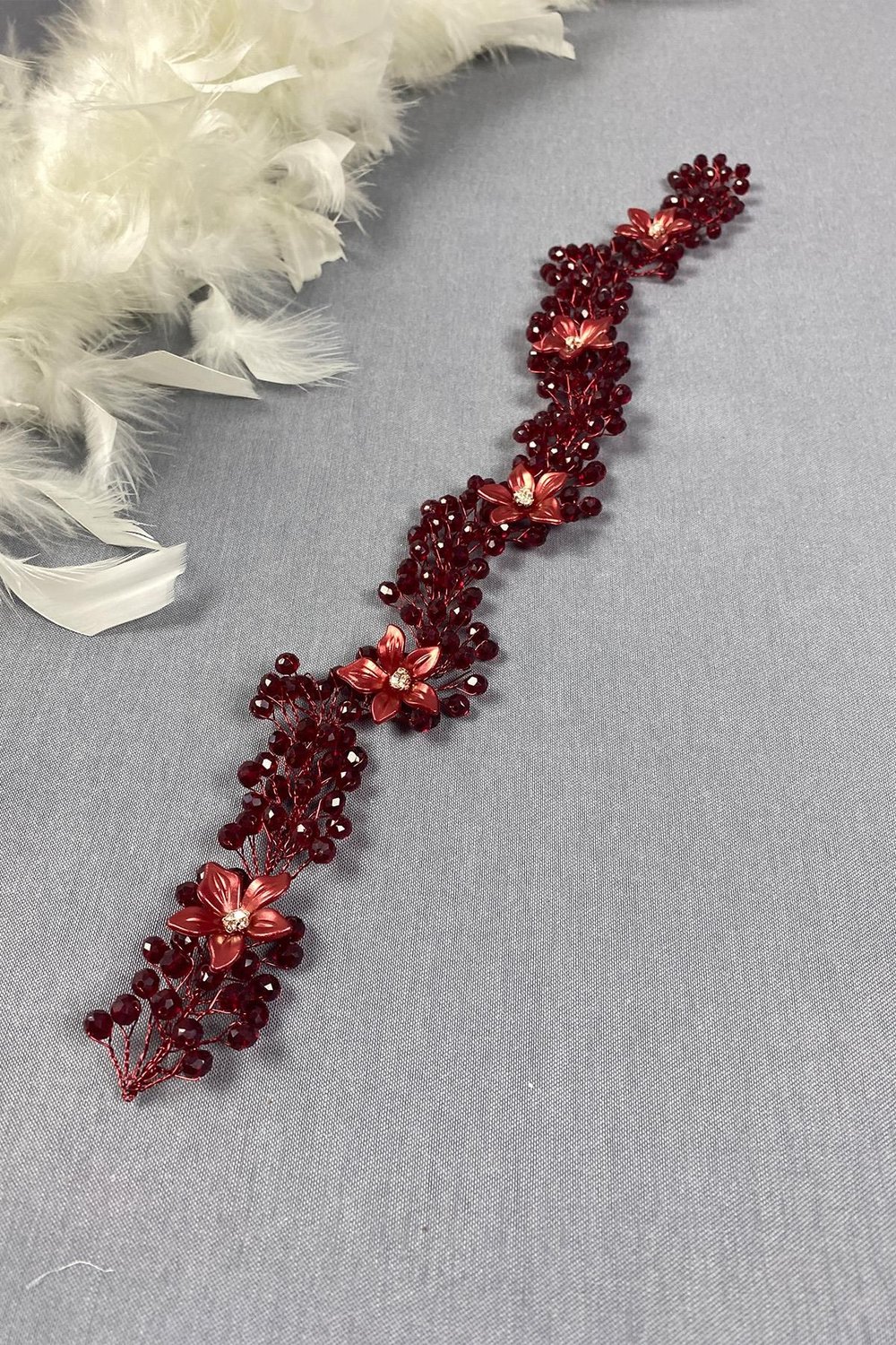 Bordo Taşlı Çiçekli Kristal Boncuklu Gelin Saç Ve Türban Aksesuarı