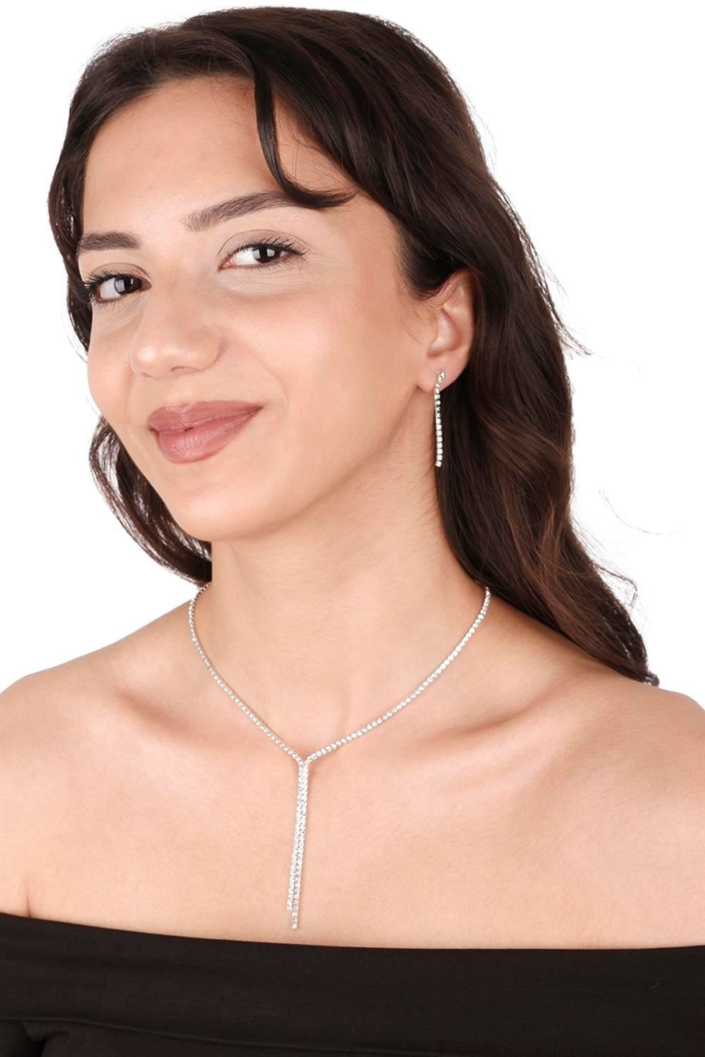 Damla Şık Kristal Taşlı Abiye Kolye Küpe Seti Ve Lale Gelin Tacı