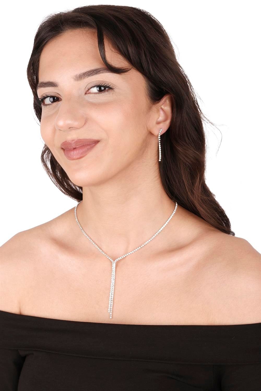 Damla Şık Kristal Taşlı Abiye Kolye Küpe Seti Ve Gül Gelin Tacı