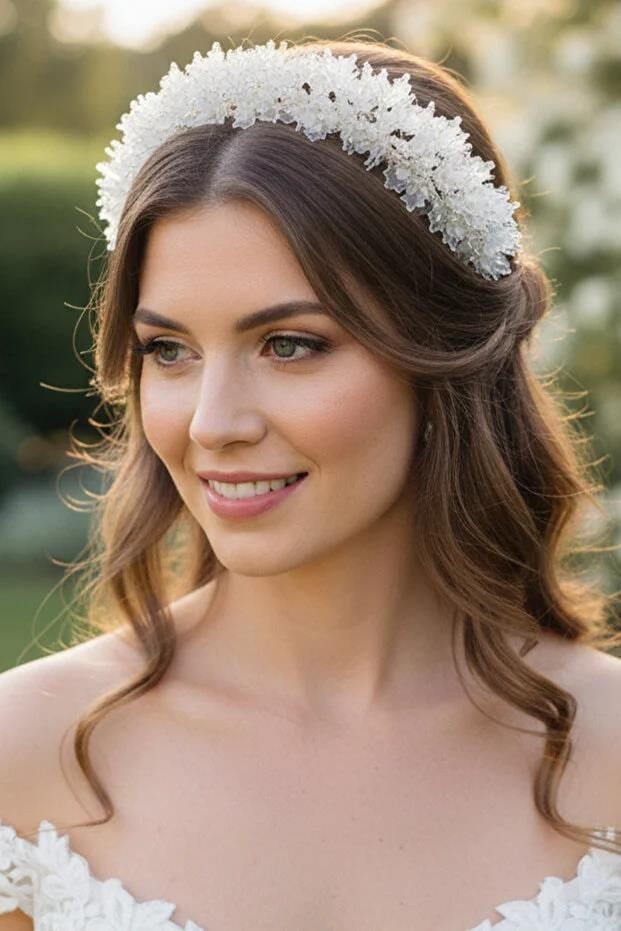 Gelin Tacı Beyaz Şeffaf Çiçekli Kristal Taşlı Kına Nişan Nikah Saç Aksesuarı