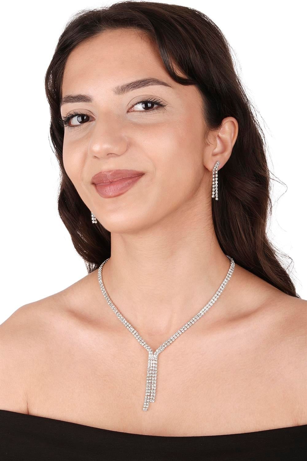 Giba Su Yolu Kristal Taşlı Abiye Kolye Küpe Seti Ve Gül Gelin Tacı
