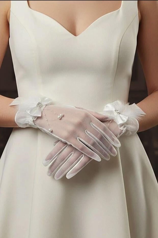 Hayal Tül İnci Sarkıtlı ve Tüy Detaylı Kristal Taşlı Nikah Gelin Eldiveni