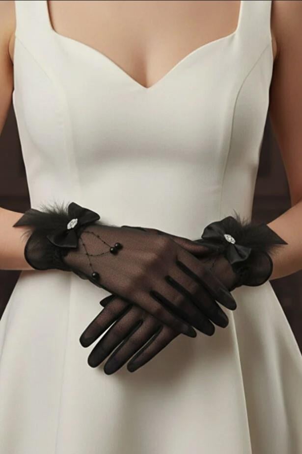 Hayal Tül İnci Sarkıtlı ve Tüy Detaylı Kristal Taşlı Nikah Gelin Eldiveni