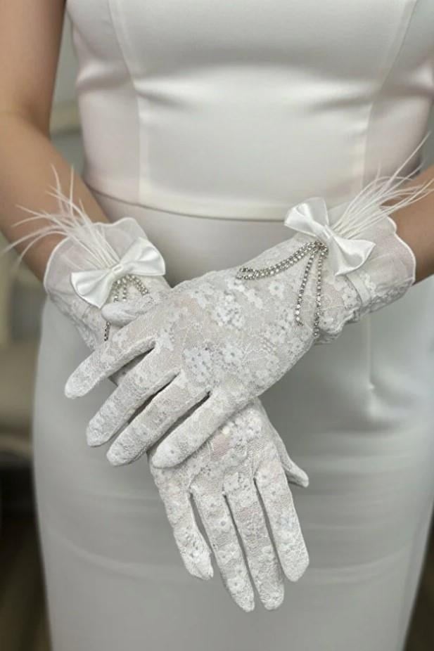 Isabel Gelin Eldiveni - Taşlı Fiyonk Detaylı Zarif Nikah Eldiveni