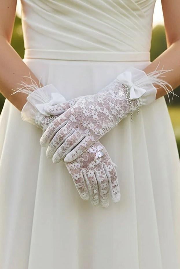Isabel Gelin Eldiveni - Taşlı Fiyonk Detaylı Zarif Nikah Eldiveni