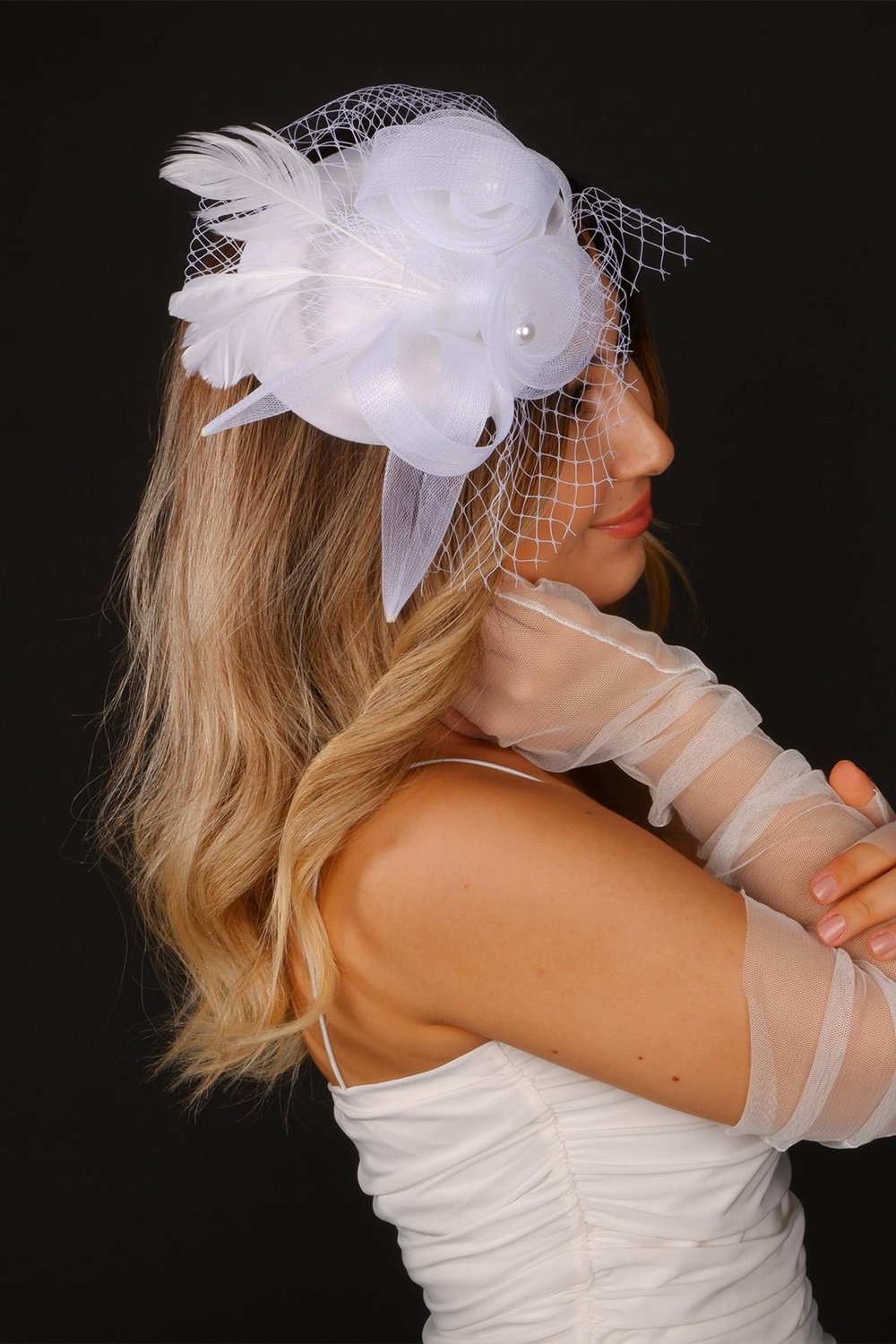 Kırık Beyaz Vualet Nikah Şapkası Sera Fiyonklu Gelin Aksesuarı Ve Eldiven