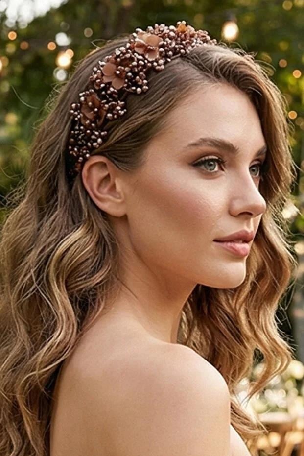 Kristal Taşlı Çiçekli Gelin Tacı Kına Ve Nişan Saç Aksesuarı