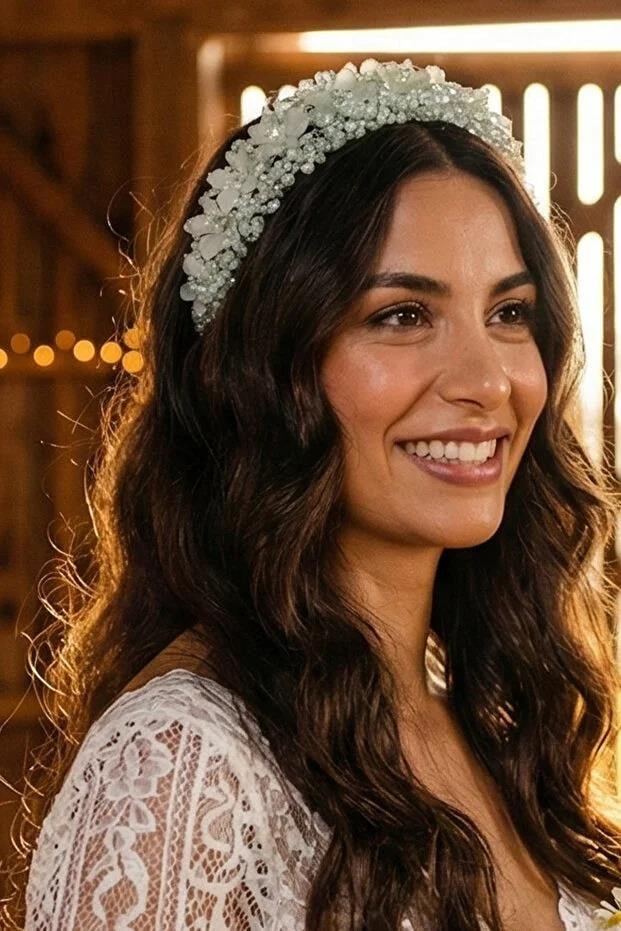 Kristal Taşlı Çiçekli Gelin Tacı Kına Ve Nişan Saç Aksesuarı