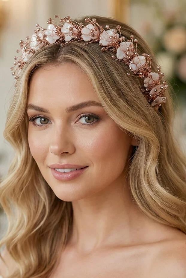Kristal Taşlı ve Sedefli Gelin Tacı Nedime Kına Saç Aksesuarı