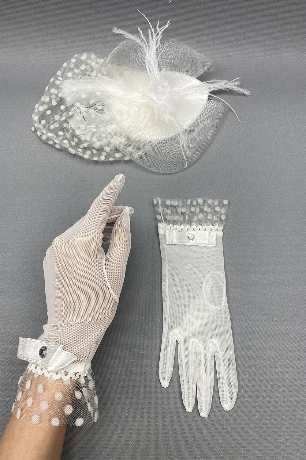 Puantiyeli Nikah Şapkası ve Gelin Eldiveni