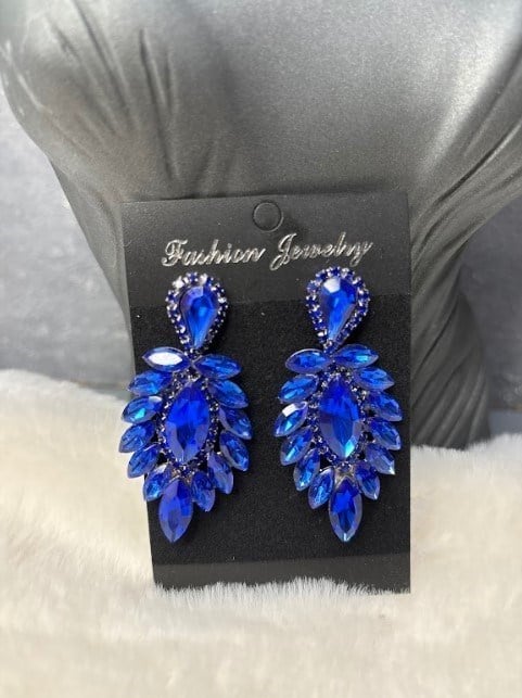 Saks mavisi Rengi Vera Mekik Vip Kristal Taşlı Abiye Gelin Küpesi