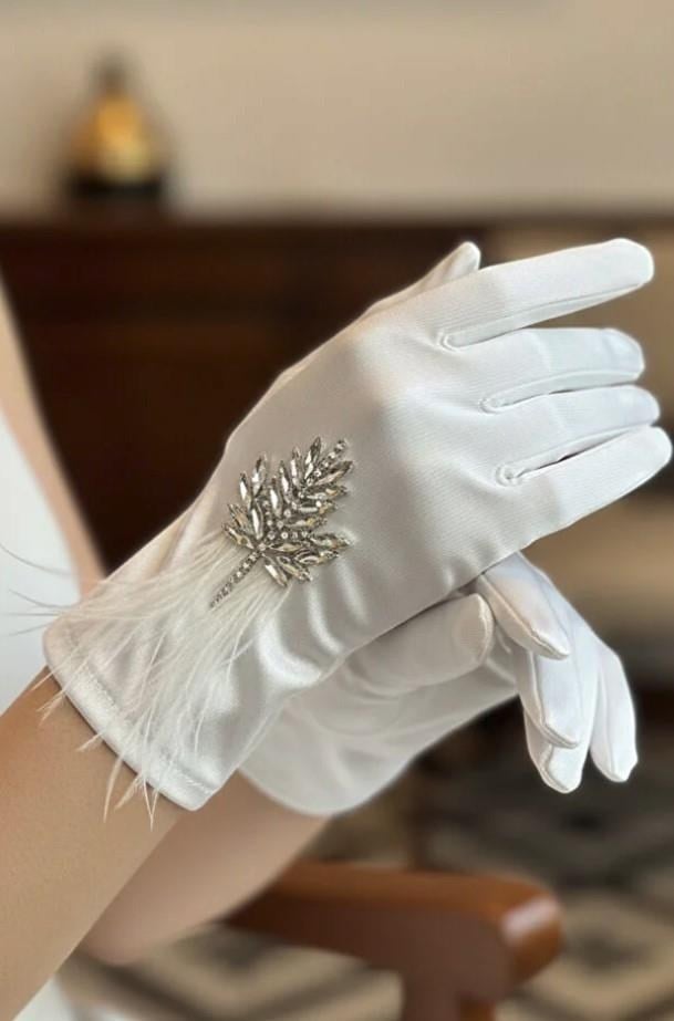Saten Gelin Eldiveni - Kristal Taşlı Yaprak ve Tüy Detaylı Lüks Nikah Eldiveni