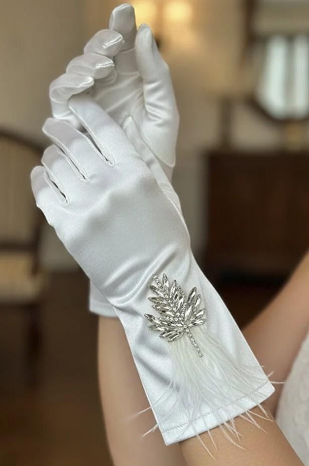 Saten Gelin Eldiveni - Kristal Taşlı Yaprak ve Tüy Detaylı Lüks Nikah Eldiveni