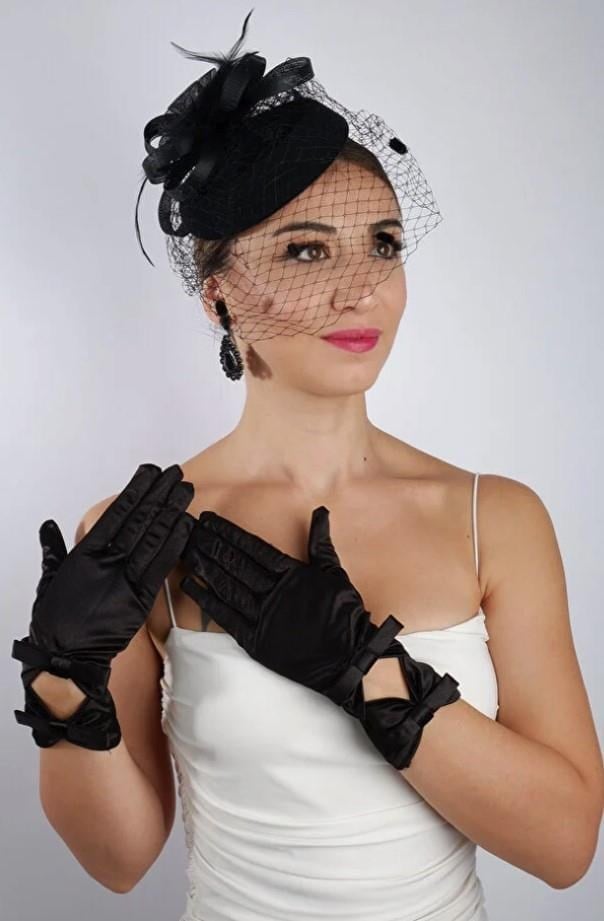 Siyah Dantelli Gelin Eldiveni Düğün Nikah Aksesuarı Fascinator Şapka Seti