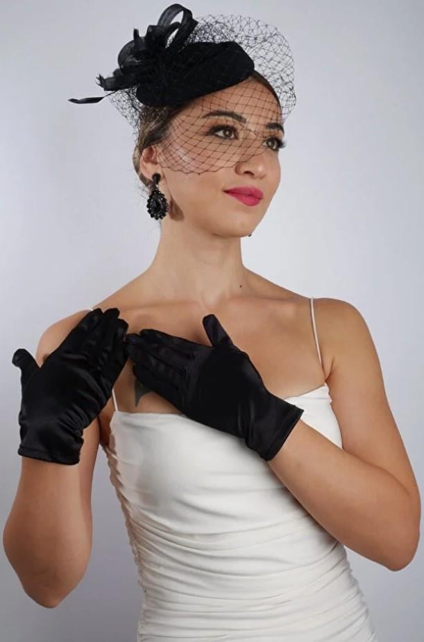 Siyah Kısa Gelin Eldiveni Düğün Nikah Aksesuarı Fascinator Şapka Seti