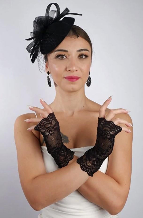 Siyah Parmaksız Dantel Gelin Eldiveni Düğün Nikah Aksesuarı Fascinator Şapka Seti
