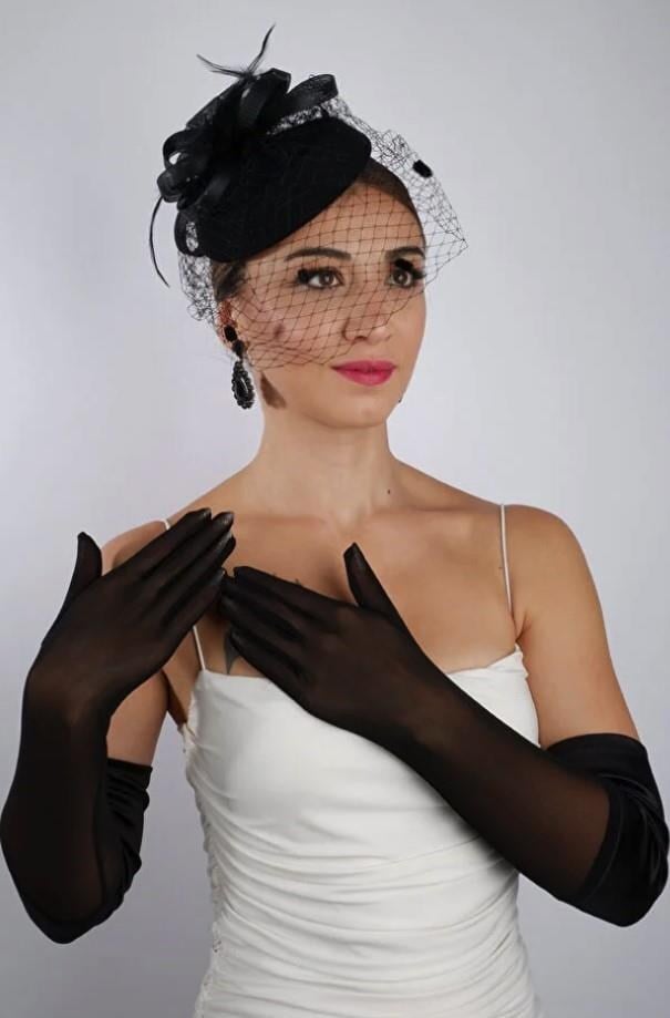 Siyah Saten Tül Gelin Eldiveni ve Düğün Nikah Fascinator Şapka Seti